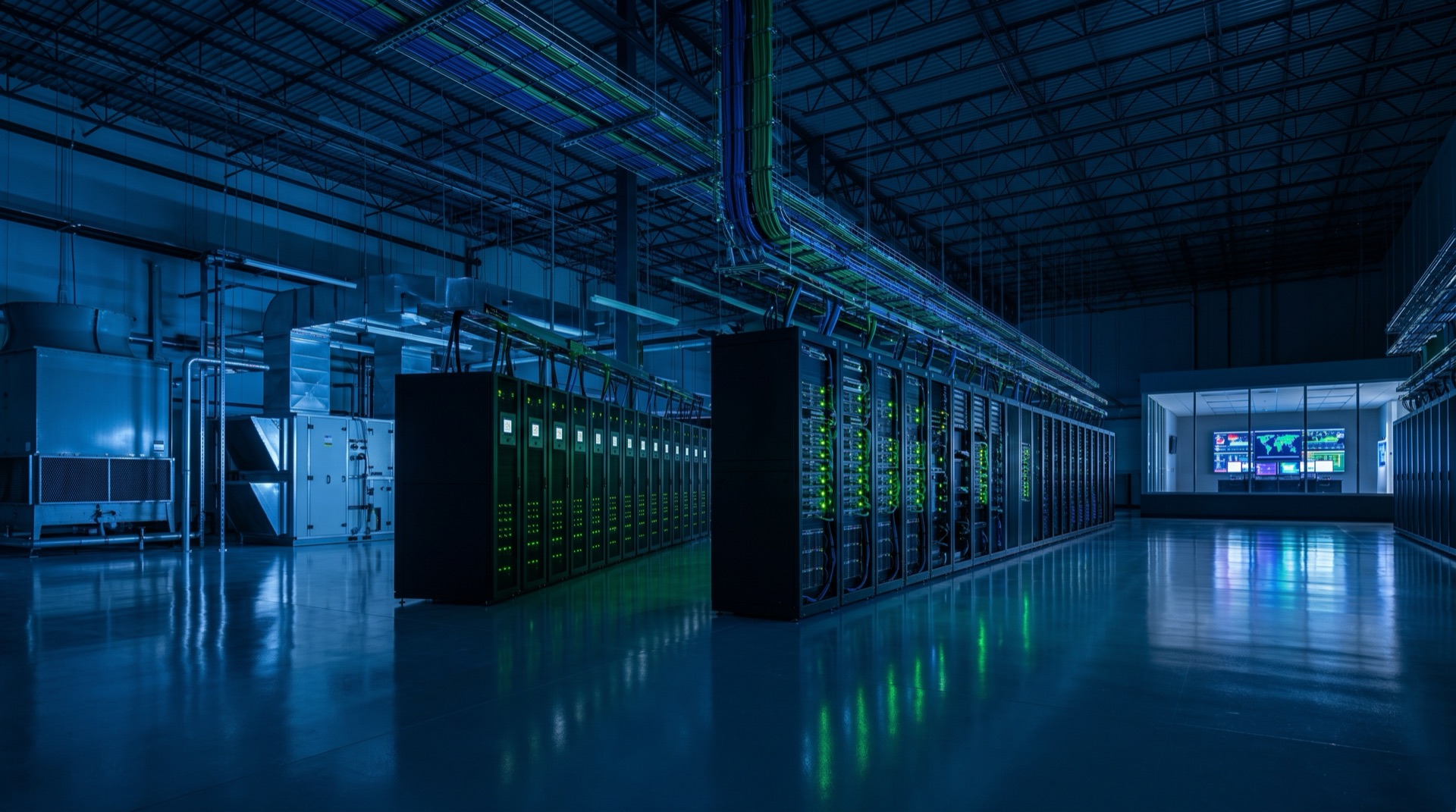 Pasillo panorámico de data center con racks iluminados — SOLUTEC